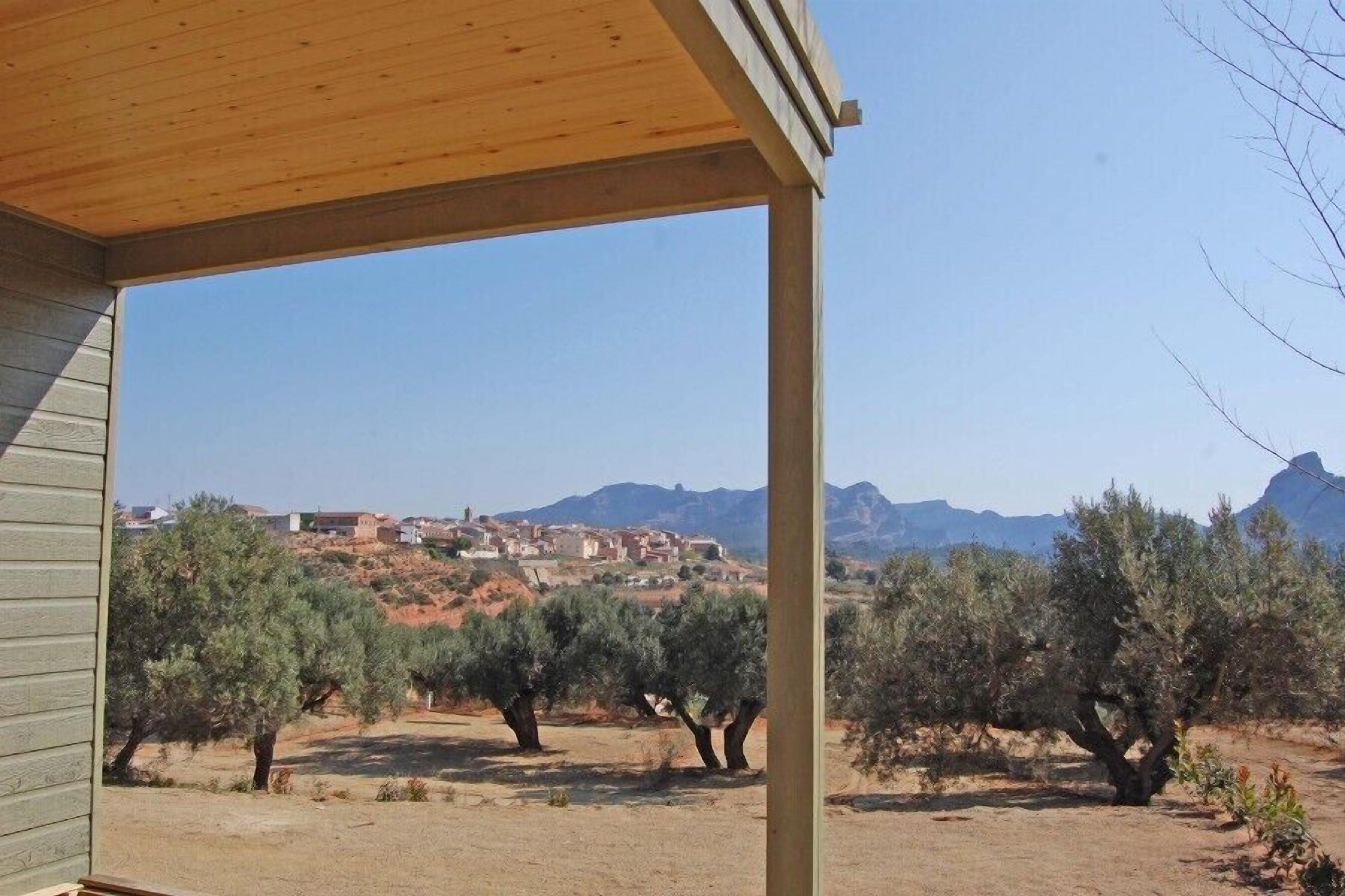 Un espacio al aire libre techado con vistas a olivos y edificios lejanos.