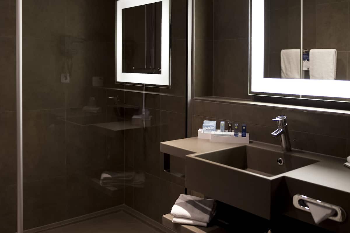 eco-friendly toiletries, hair dryer, towels