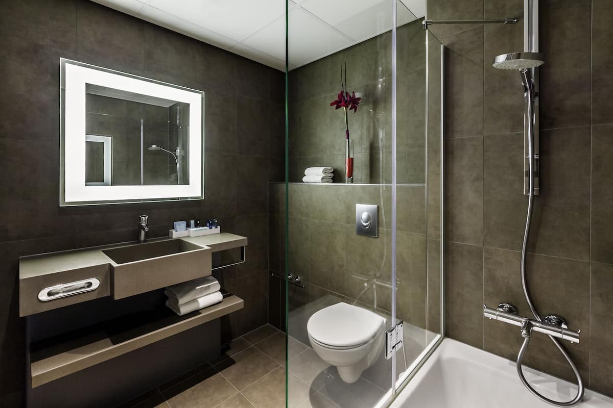 eco-friendly toiletries, hair dryer, towels