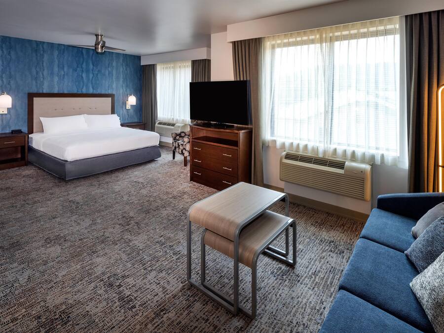 A hotel room with a large bed, a television, a desk, a chair, a sofa, and a window with curtains.