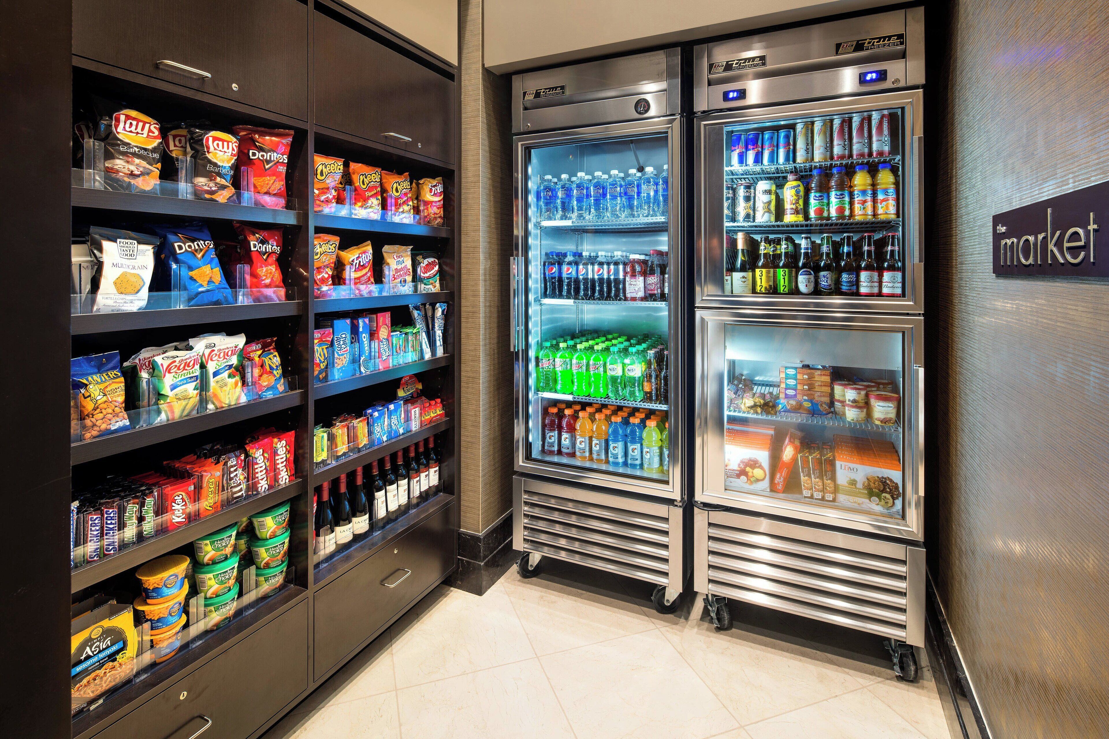 A vending machine area with snacks and beverages.