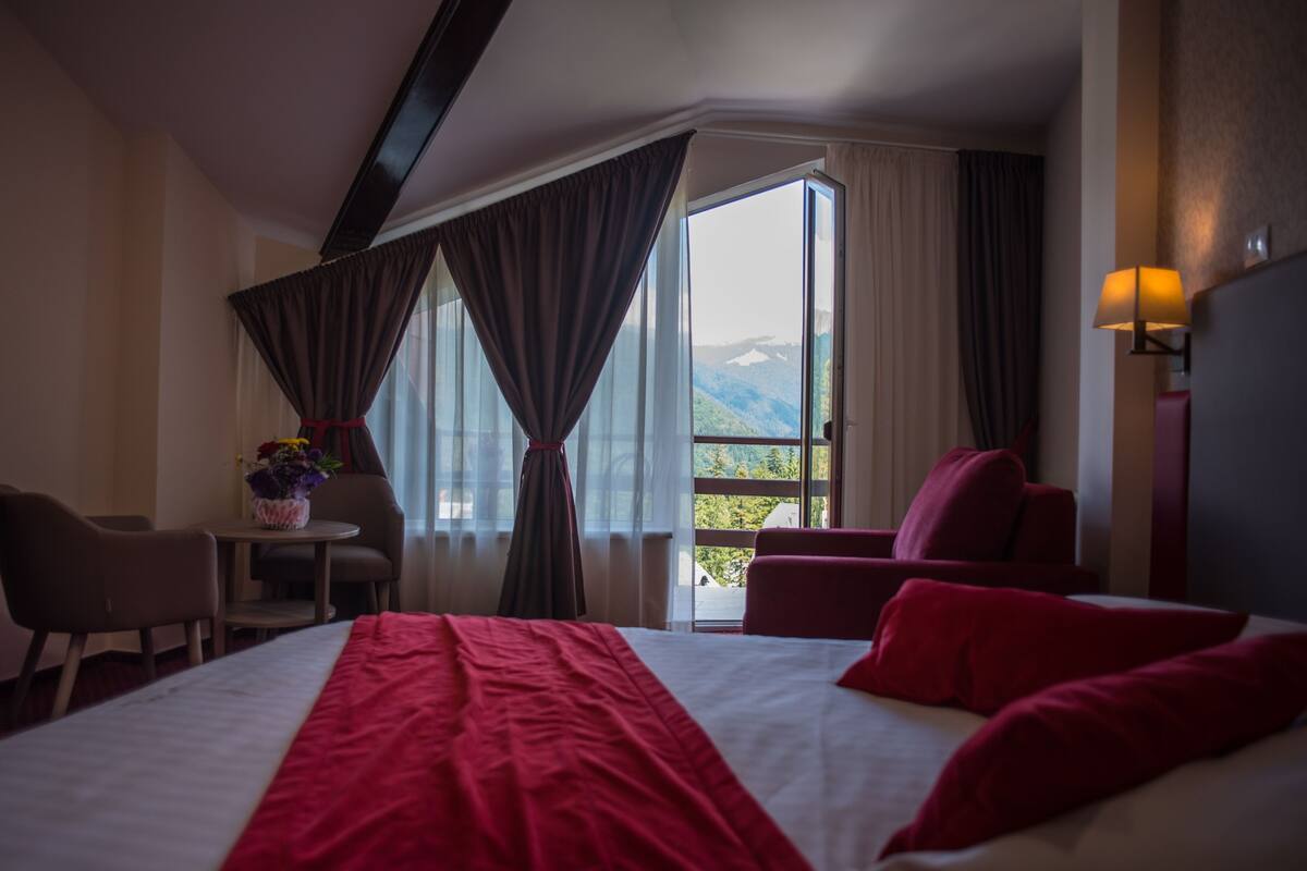A hotel room with a large bed, a desk, a chair, and a view of mountains through the window.