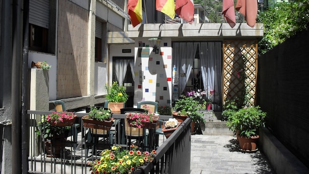 A balcony with potted plants and flags, a building entrance, and a view of a hillside. - Hotel Ristorante Al Caminetto (Aosta)