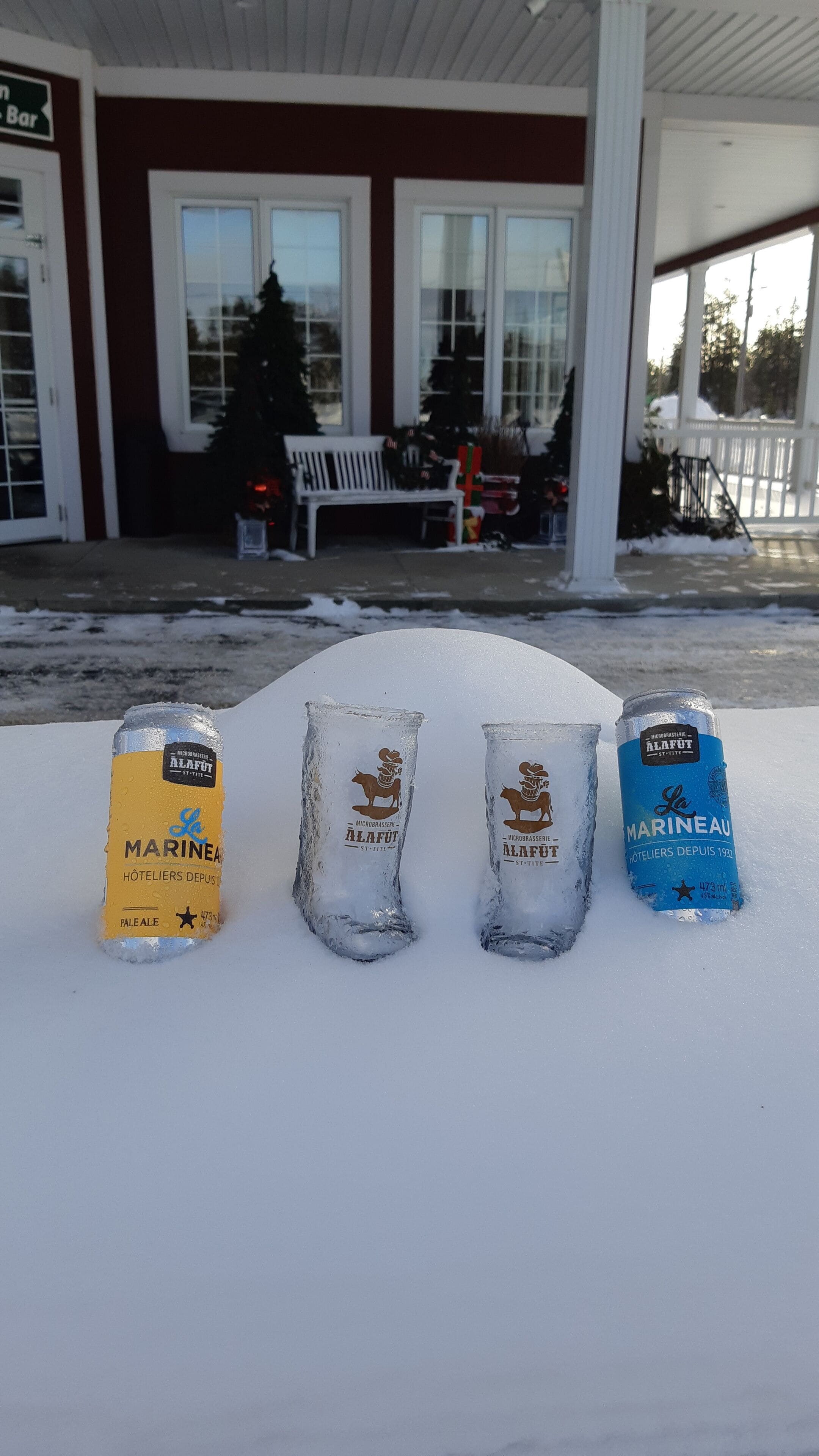 Four beer cans in snow, with a bench and Christmas tree in the background.