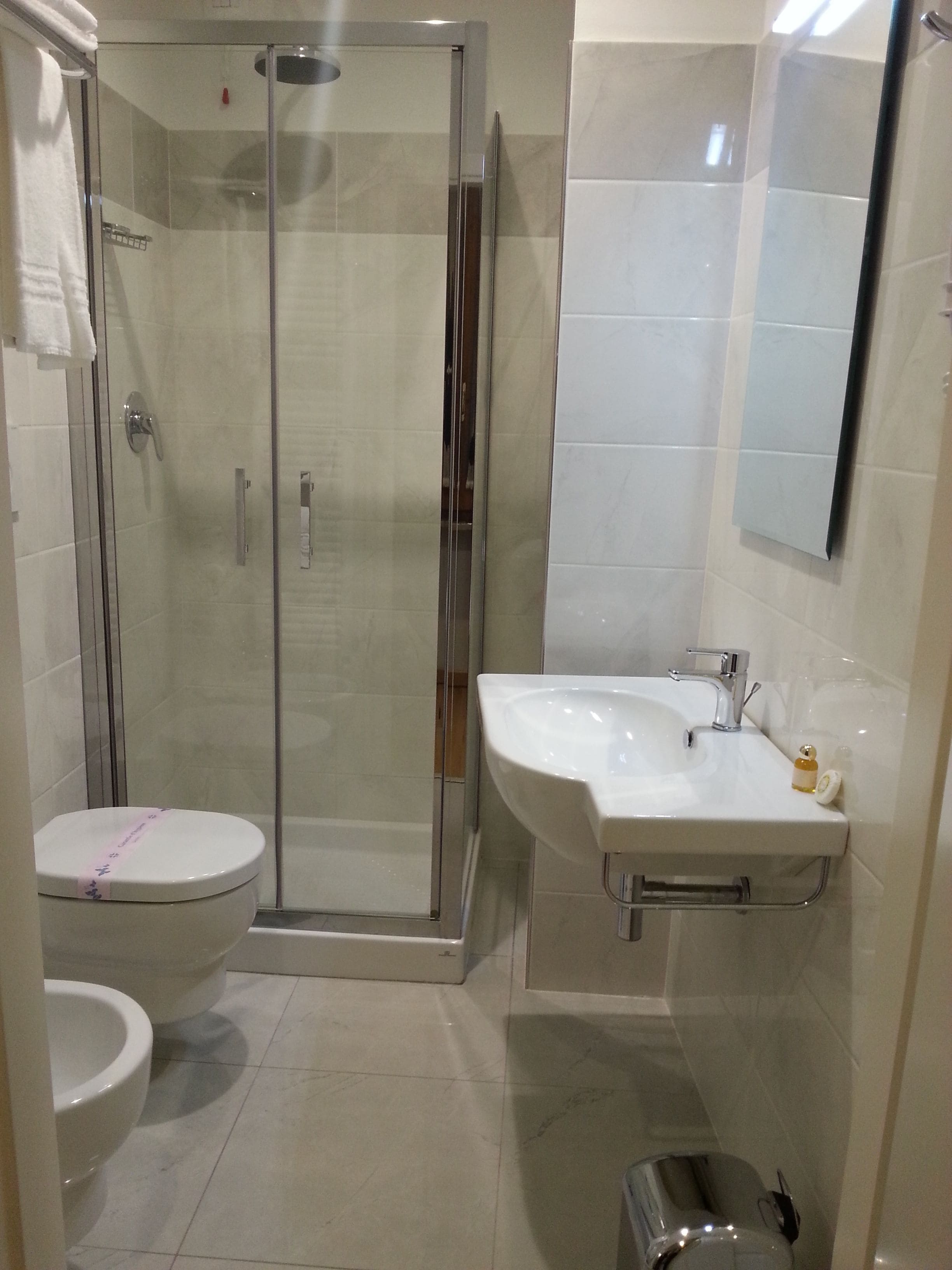 Une salle de bain moderne avec une douche à parois de verre, un lavabo blanc avec un miroir et des toilettes.