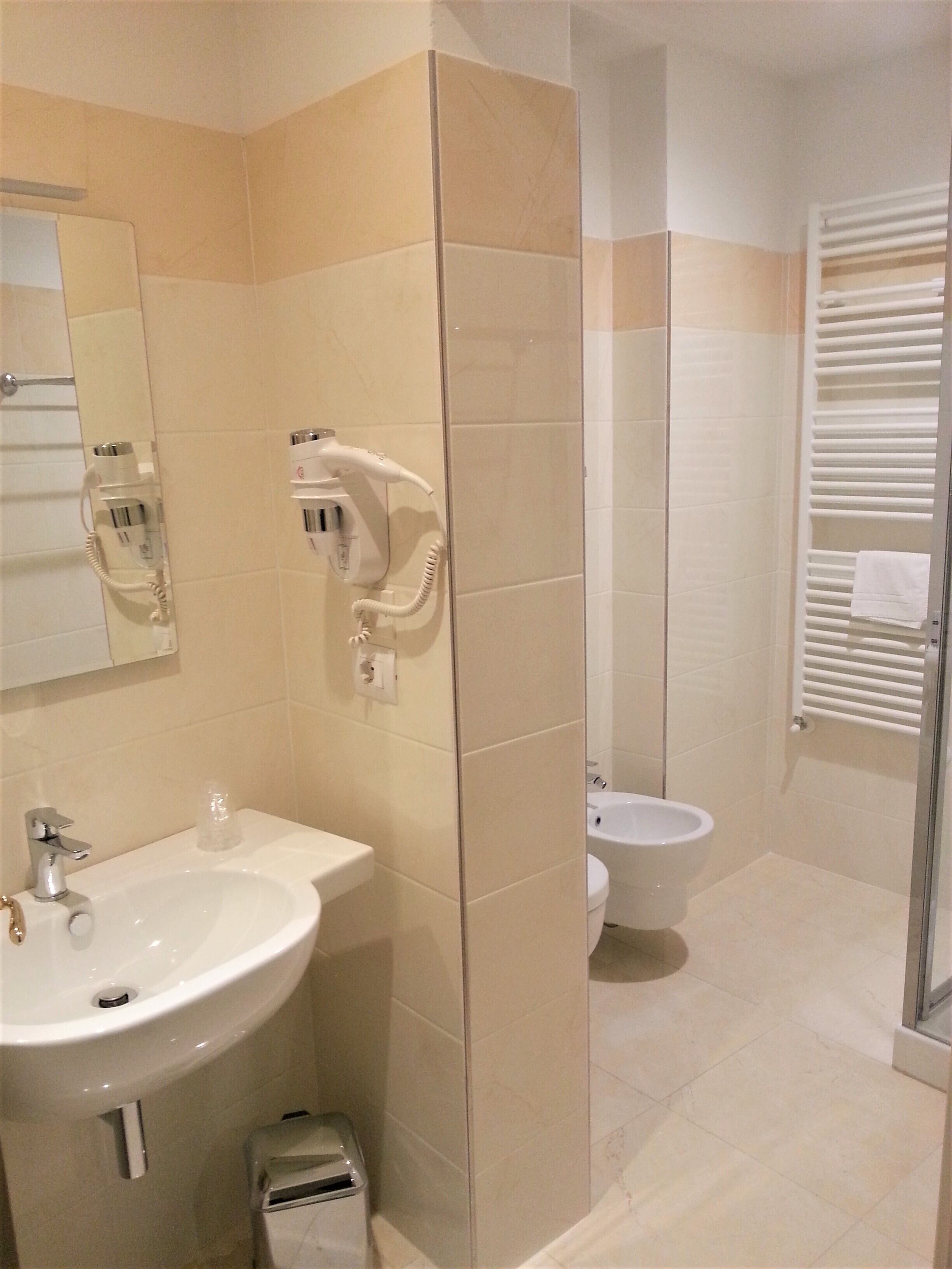 A bathroom with a sink, mirror, hairdryer, and toilet.