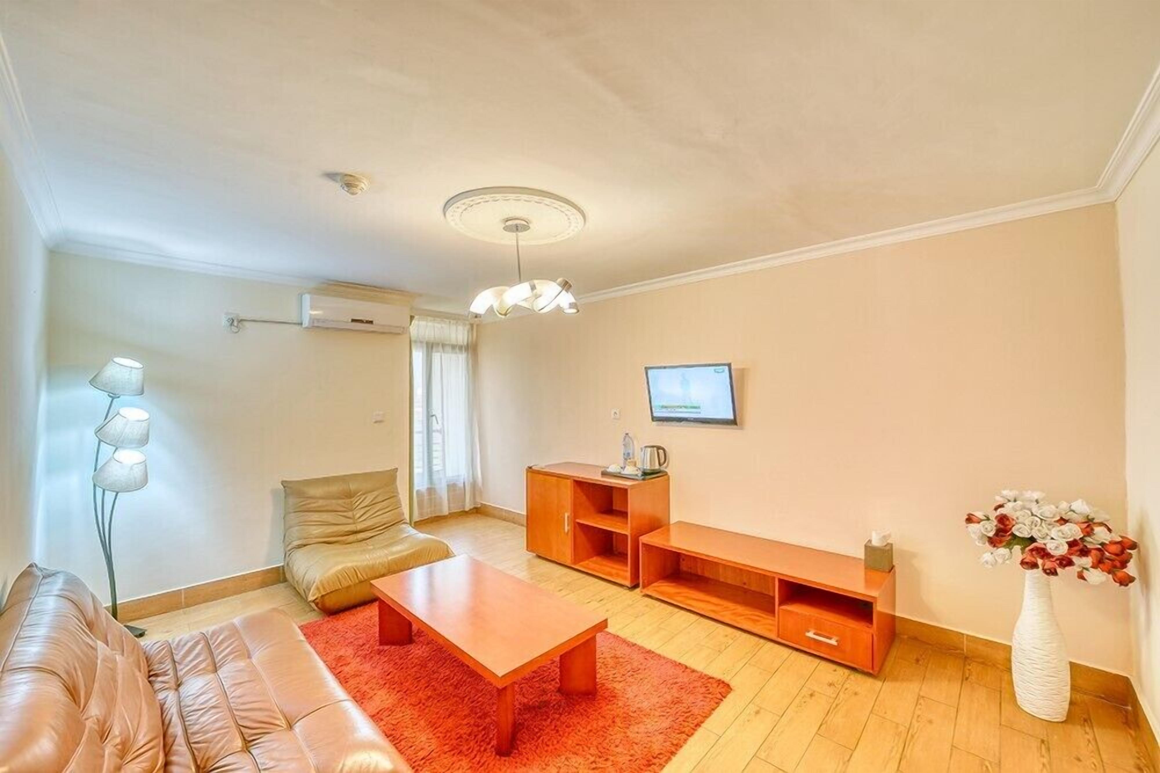 Un salon moderne avec un canapé, une table basse, un téléviseur et un vase de fleurs.