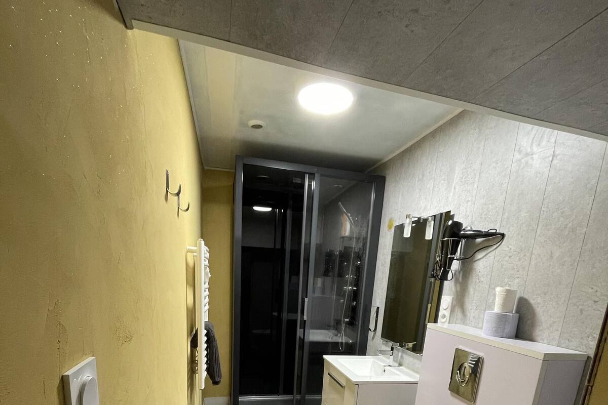 A modern bathroom with a toilet, sink, and shower area.