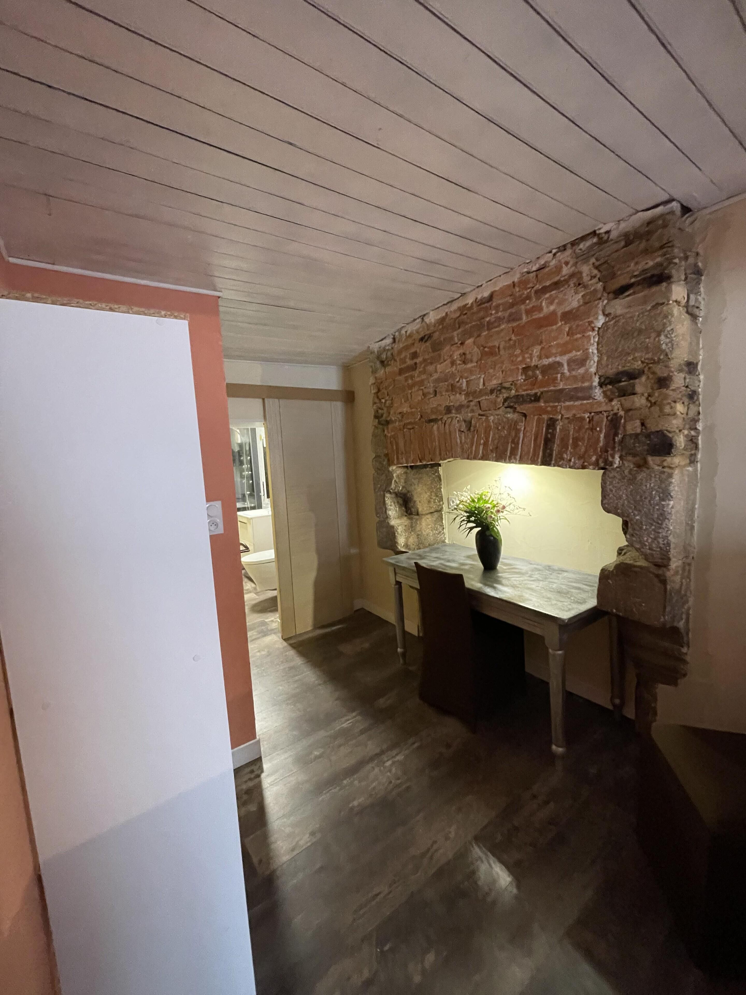 Een smalle gang met een bakstenen muur en een houten deur. Tegen de muur staat een klein tafeltje met een bloempot.