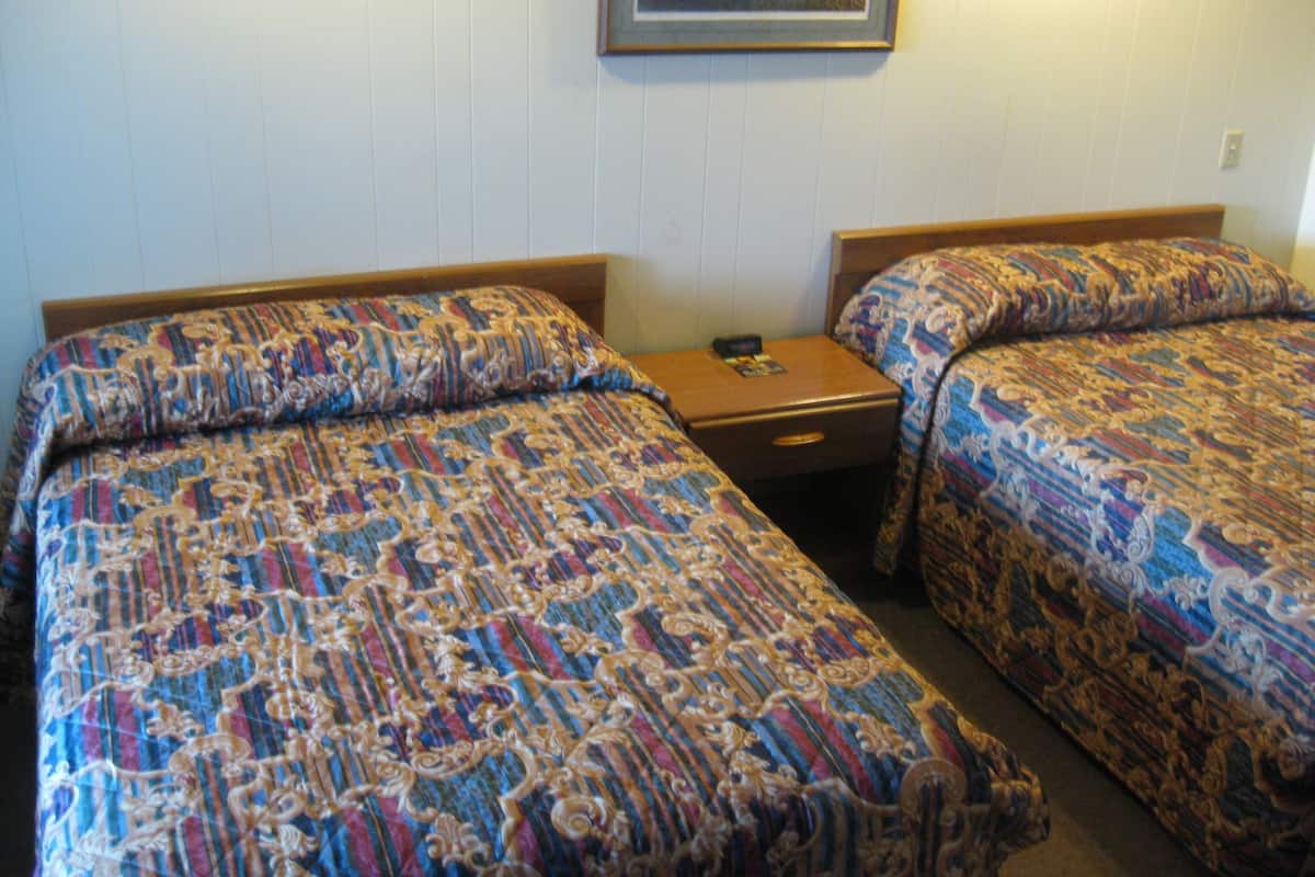 Two twin beds with patterned bedding, a wooden nightstand with a lamp, and a framed picture on the wall.