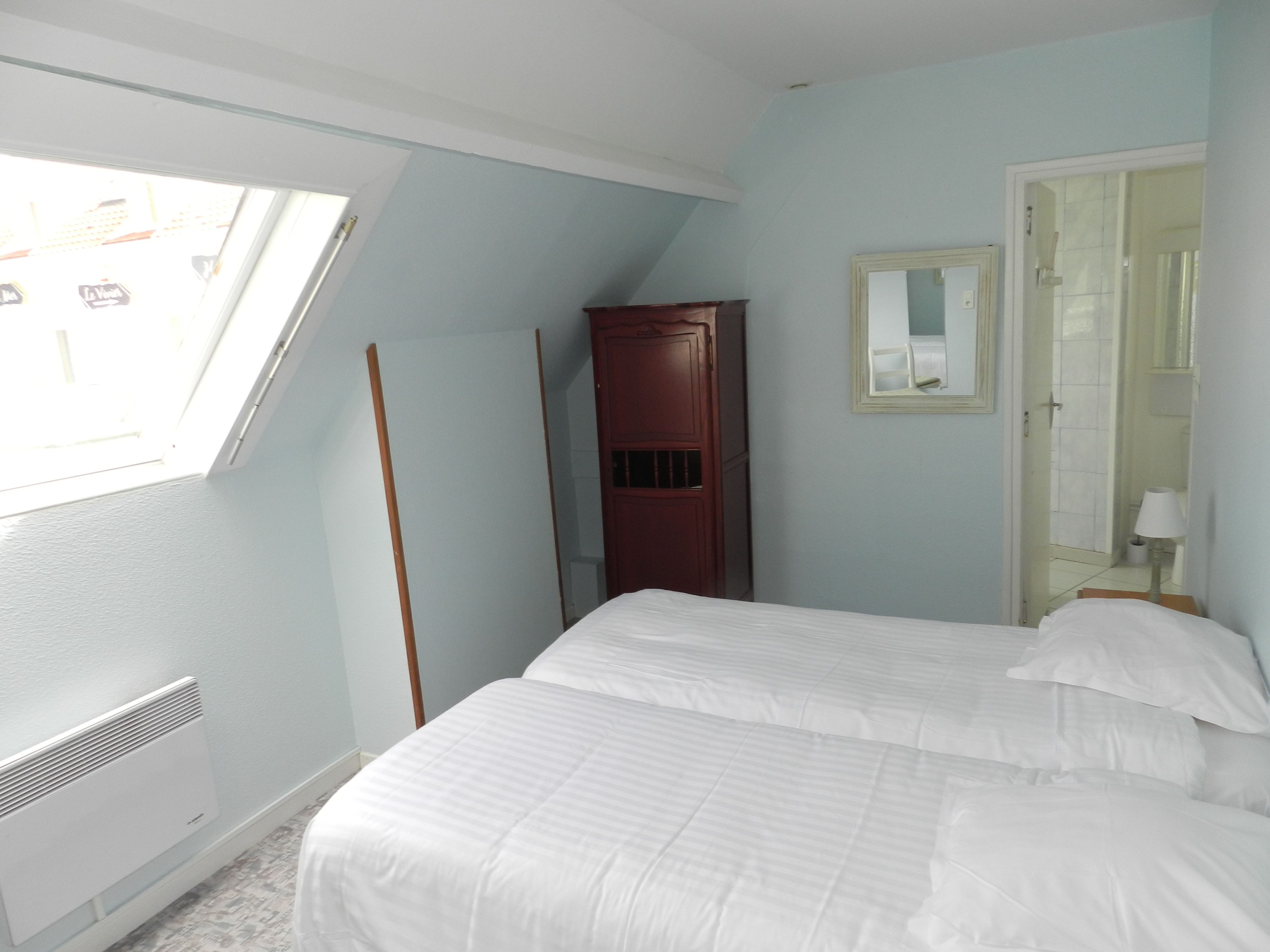 A bedroom with a skylight, a bed, a wardrobe, and a mirror.