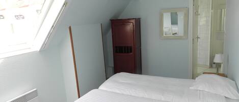 A bedroom with a skylight, a bed, a wardrobe, and a mirror.
