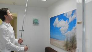 Um quarto com luminária no teto, pintura de uma praia, sofá marrom e uma porta.