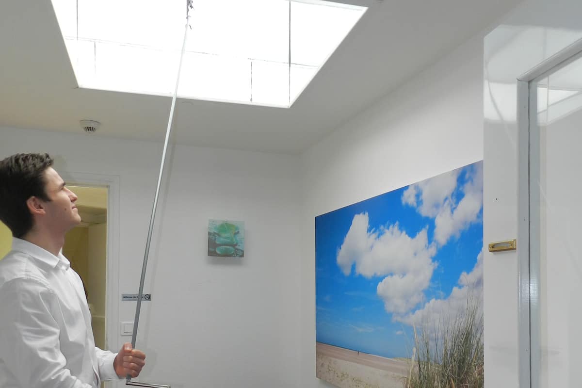 A room with a ceiling light fixture, a painting of a beach scene, a brown sofa, and a door.