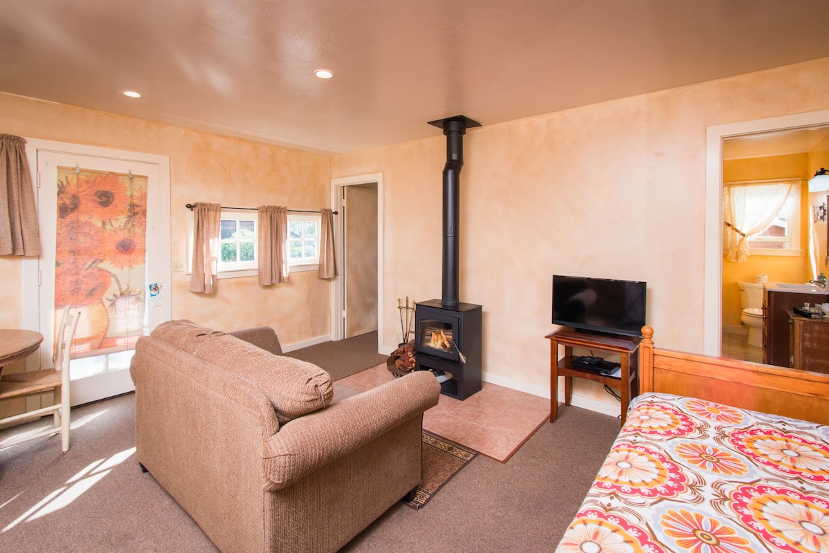 A cozy room with a sofa, a TV, a fireplace, and a bed.