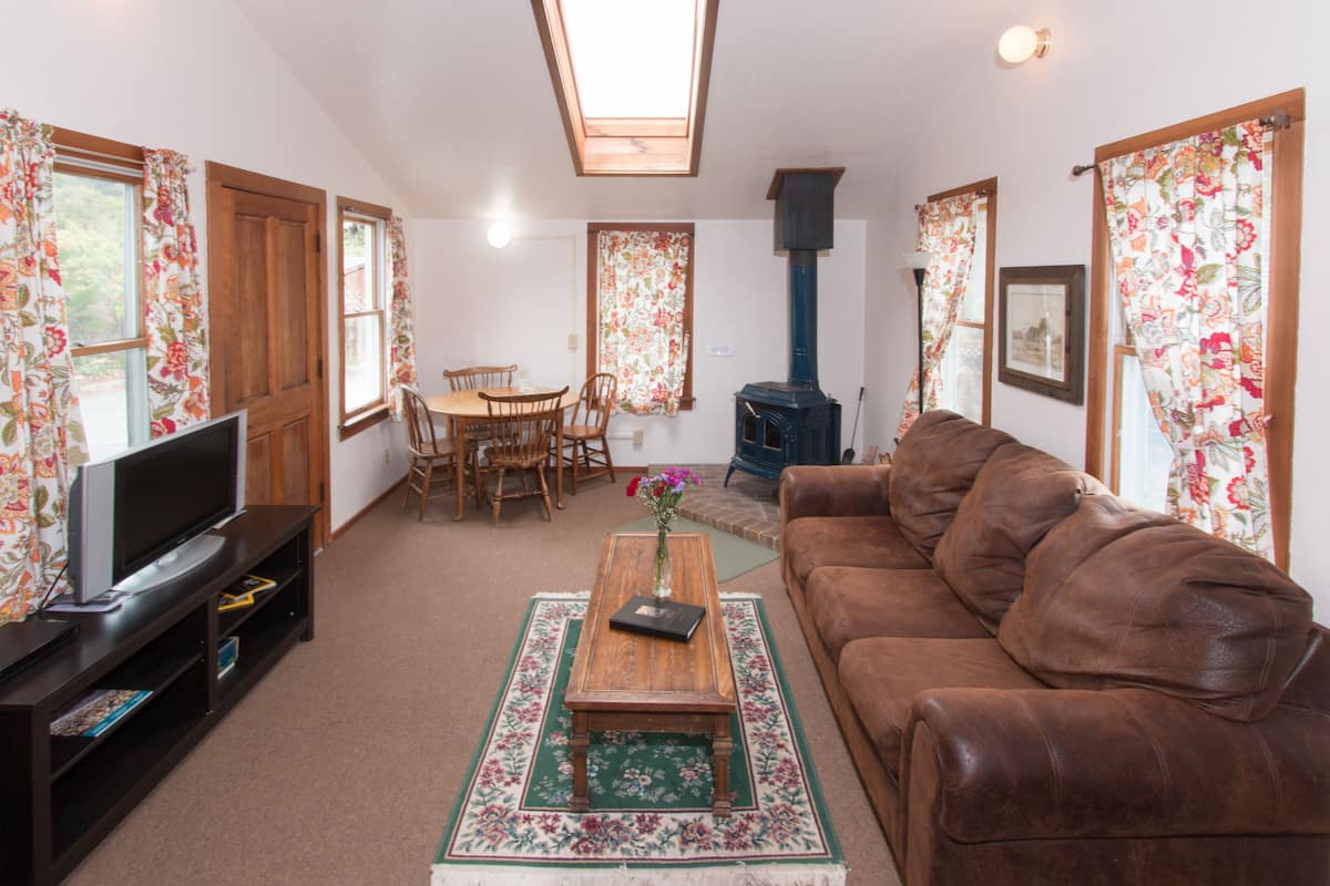 A living room with a brown leather couch, a wooden coffee table, a TV on a stand, a dining table with chairs, and a fireplace.