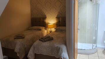 Un dormitorio con dos camas, una mesita de noche con lámpara y una ducha con mampara de vidrio.