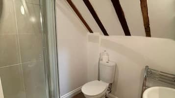 Ein Badezimmer mit Duschkabine, Toilette und Waschbecken.
