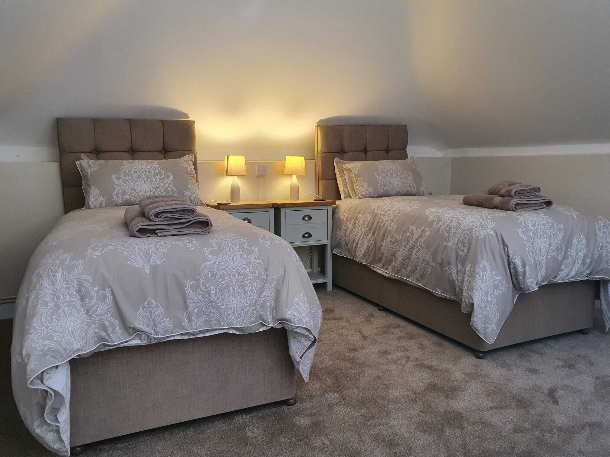Une chambre double avec deux lits, des tables de chevet, des lampes et un sol recouvert de moquette.