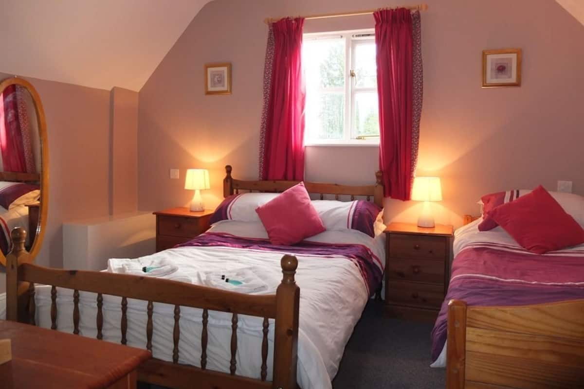 A bedroom with two single beds, a wooden headboard, bedside tables with lamps, a window with curtains, and a mirror on the wall.