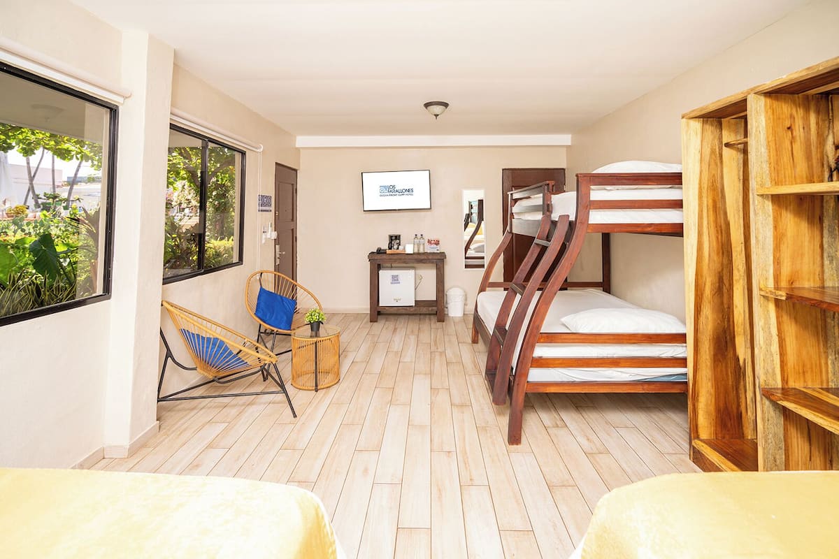 Habitación compacta con literas, una mesita con una planta, una silla y un refrigerador.