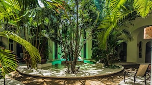 A tropical garden courtyard with a circular seating area and a central tree. - Royal Palms by Bric (Playa del Carmen)
