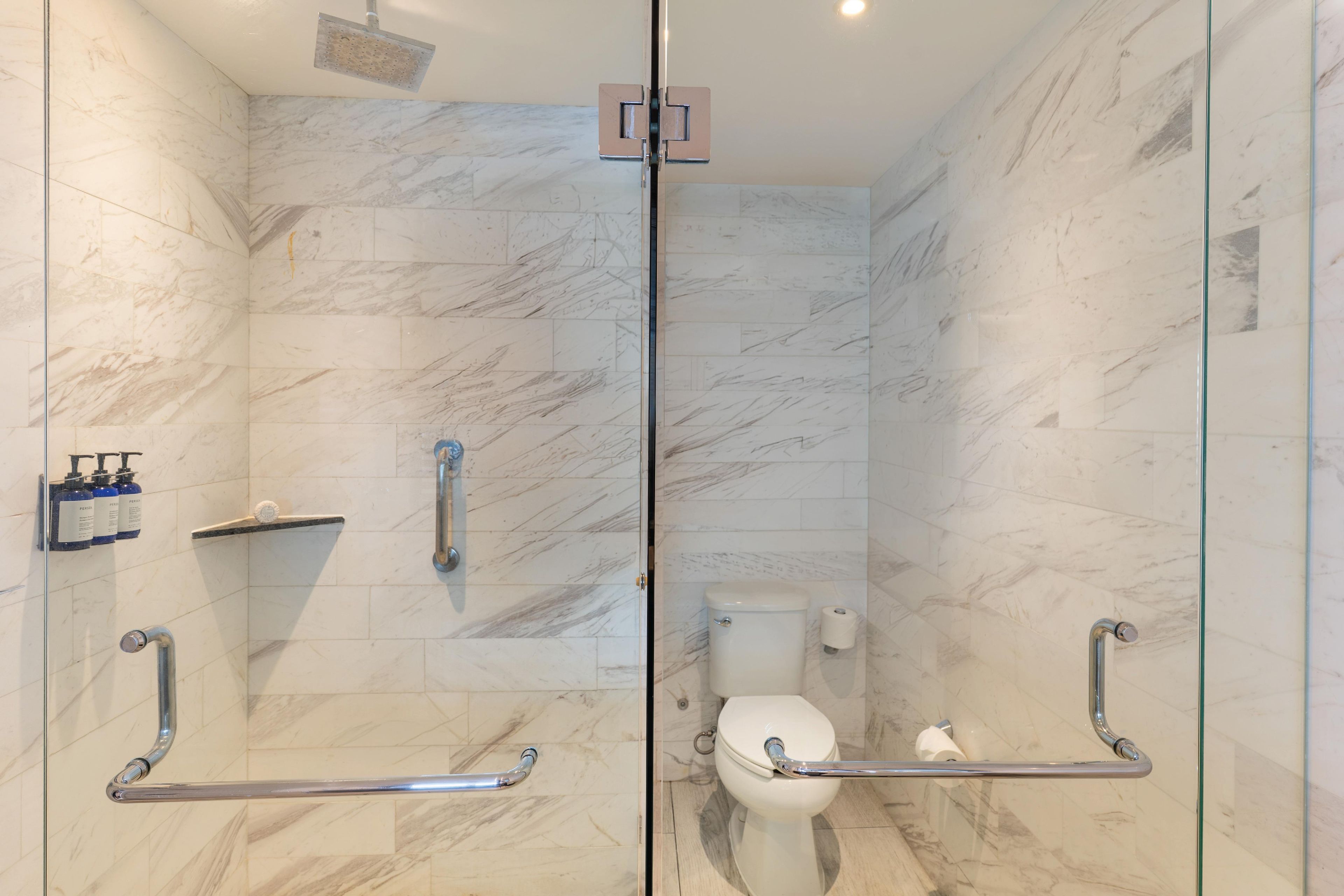 Ein Badezimmer mit Glastrennwand, Toilette, Duschbereich und Handlauf.