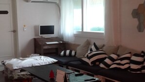 A living room with a sofa, a coffee table, and a television.