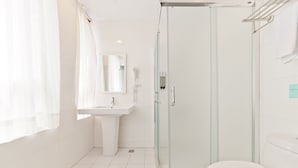 A modern bathroom with a glass shower enclosure, a white sink, and a toilet.