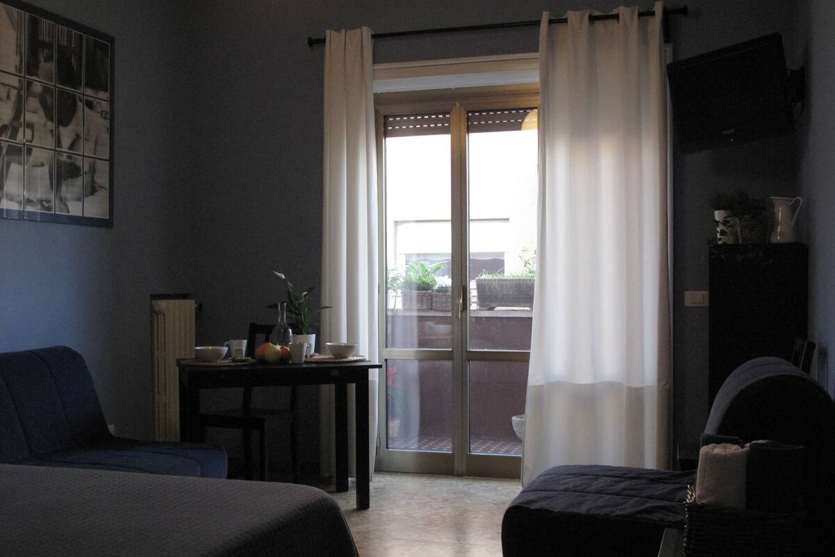 Una habitación con dos camas, una mesa con una planta y vistas al exterior a través de un ventanal.