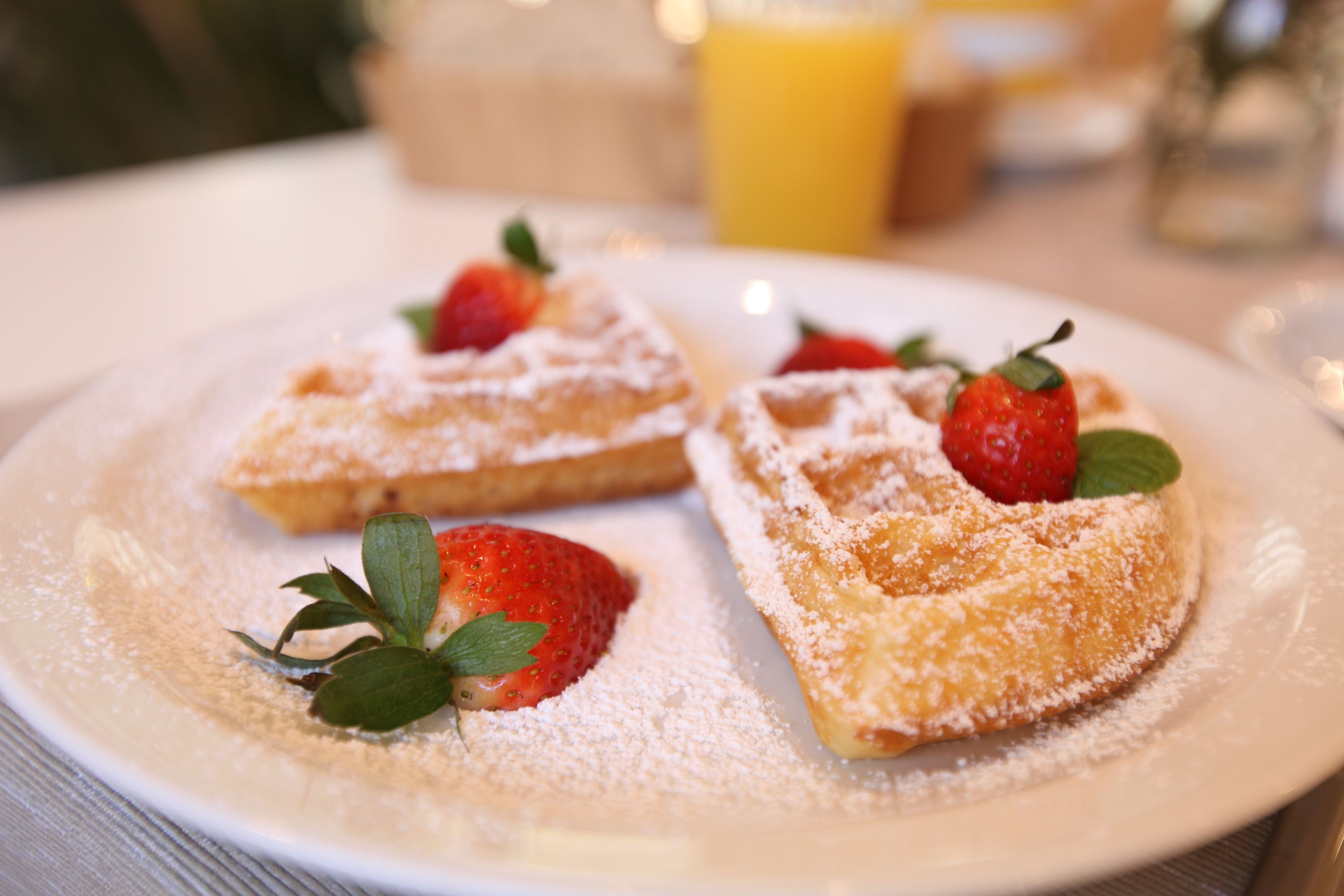A plate with two waffles topped with powdered sugar and strawberries.
