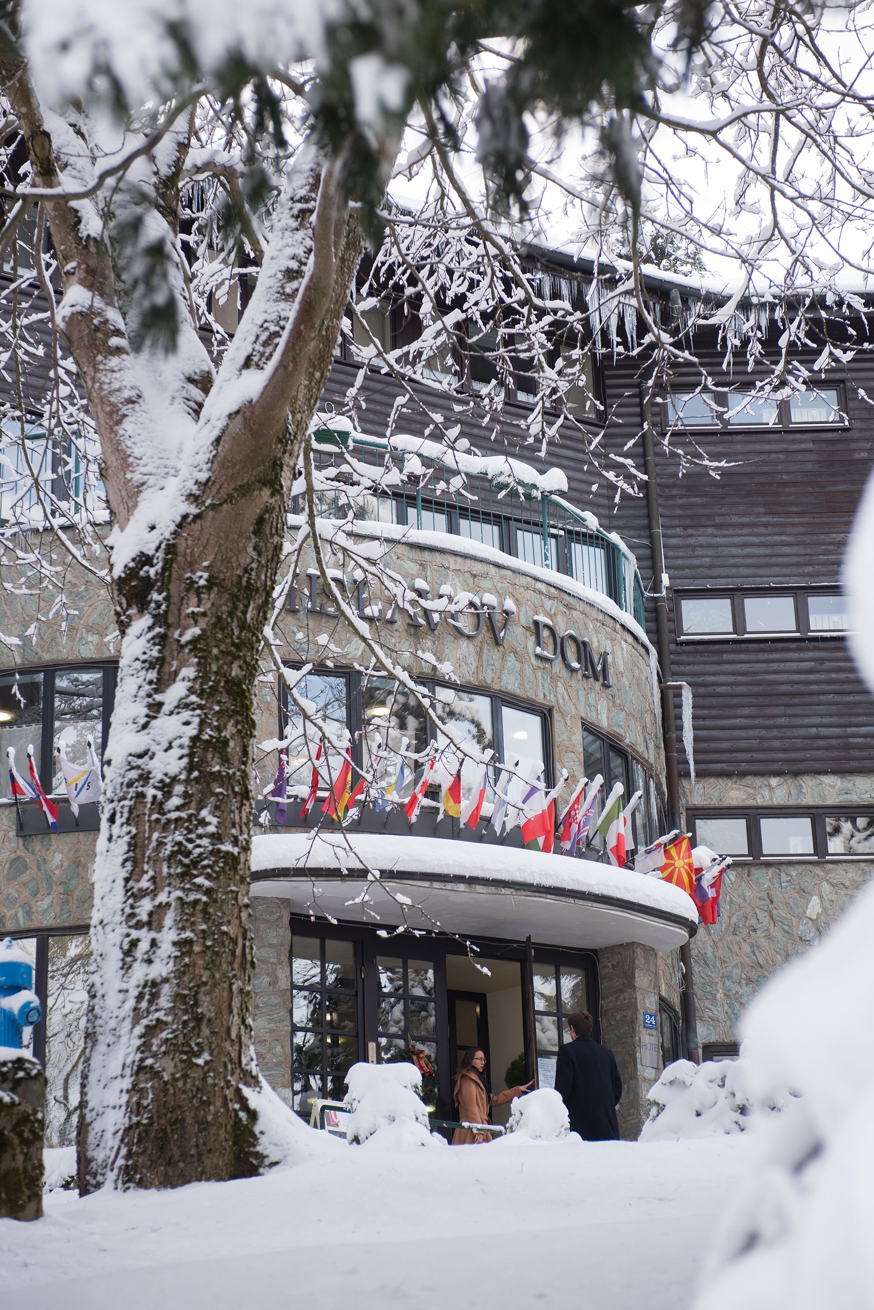 A building with a snow-covered exterior and multiple flags.