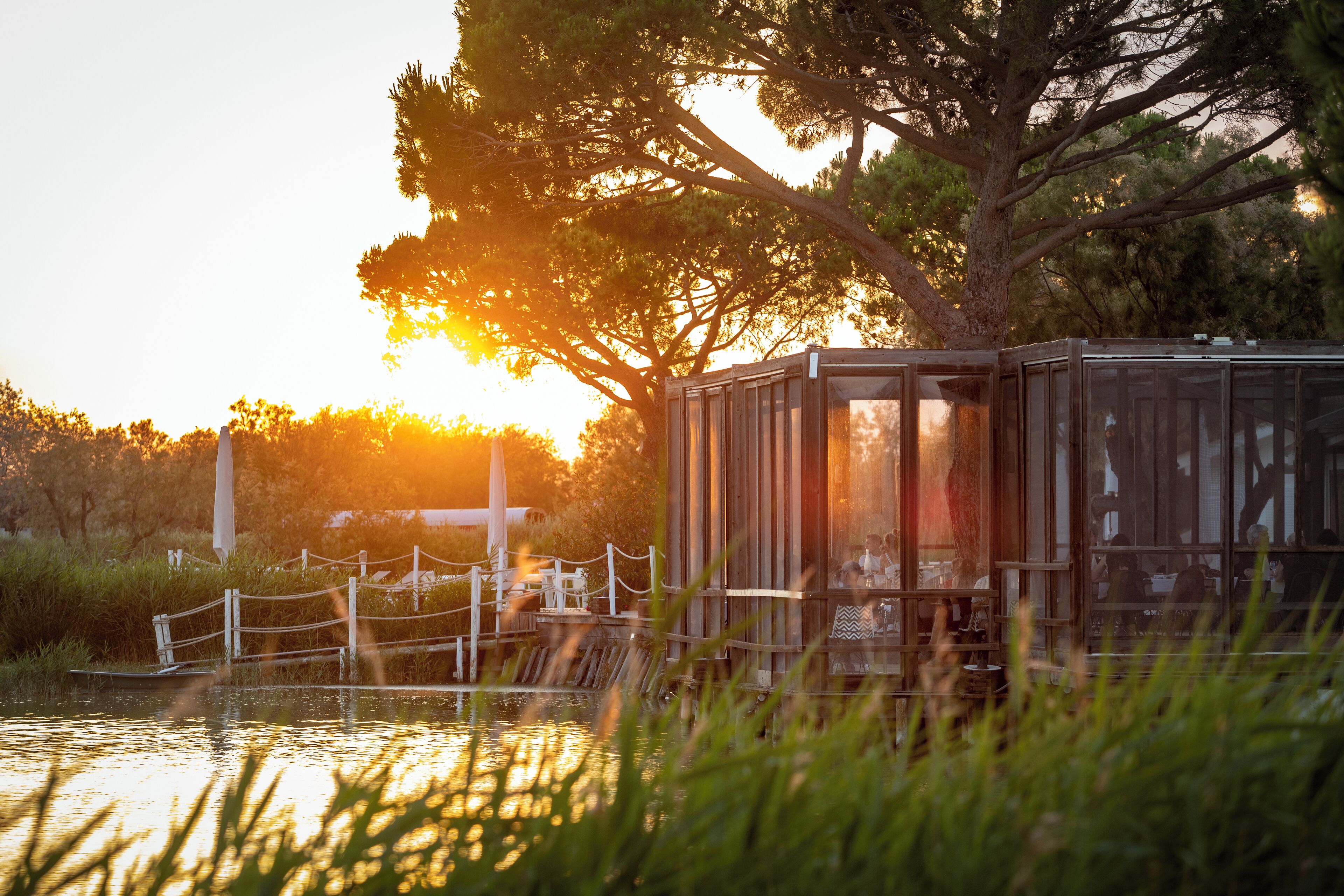 A glass-enclosed structure by a lake with a wooden deck and a rope barrier.