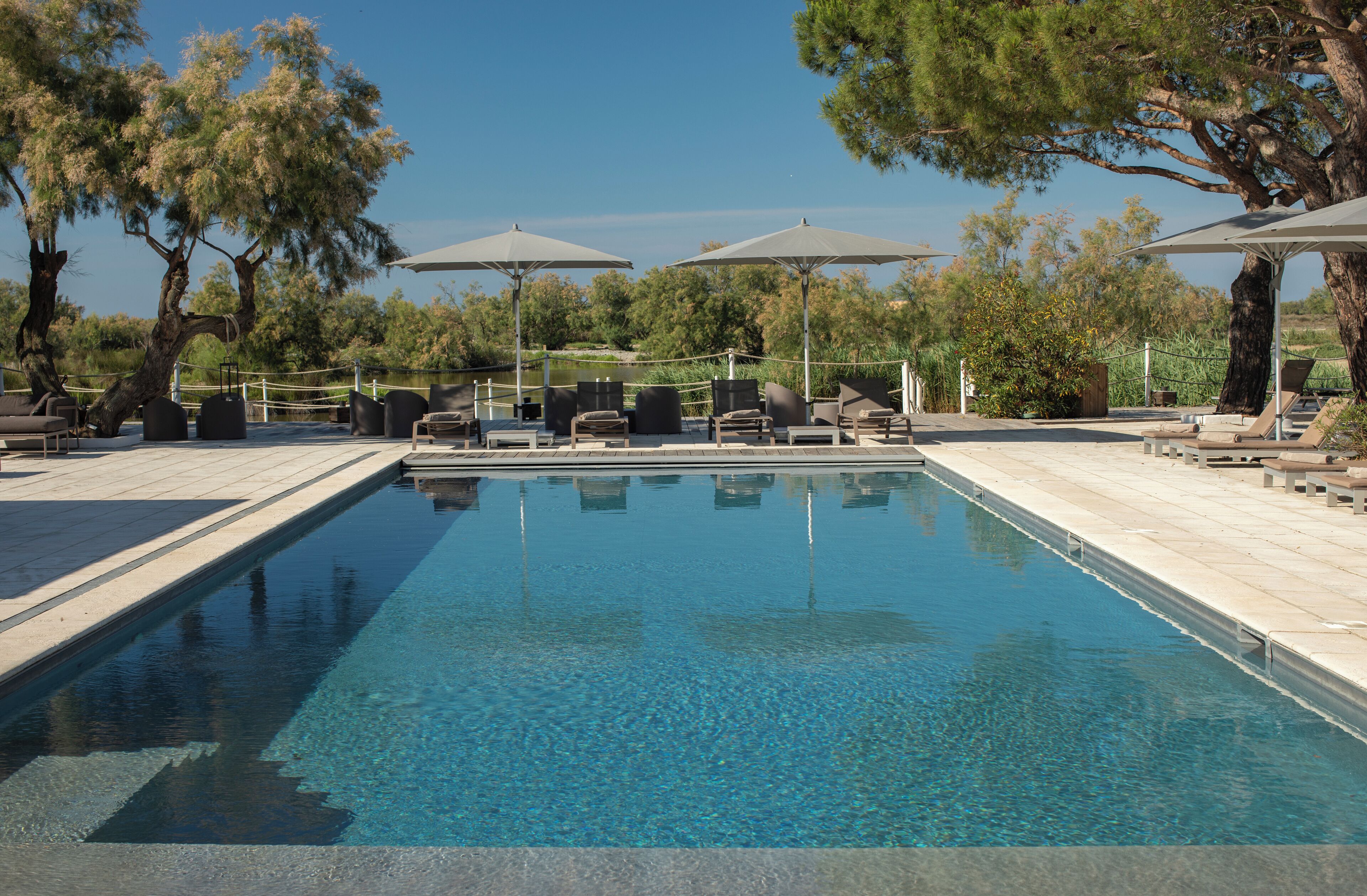 outdoor pool, pool loungers