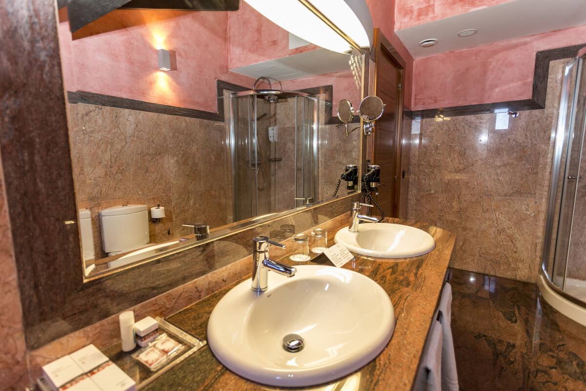 separate bathtub and shower, free toiletries, hair dryer, bathrobes