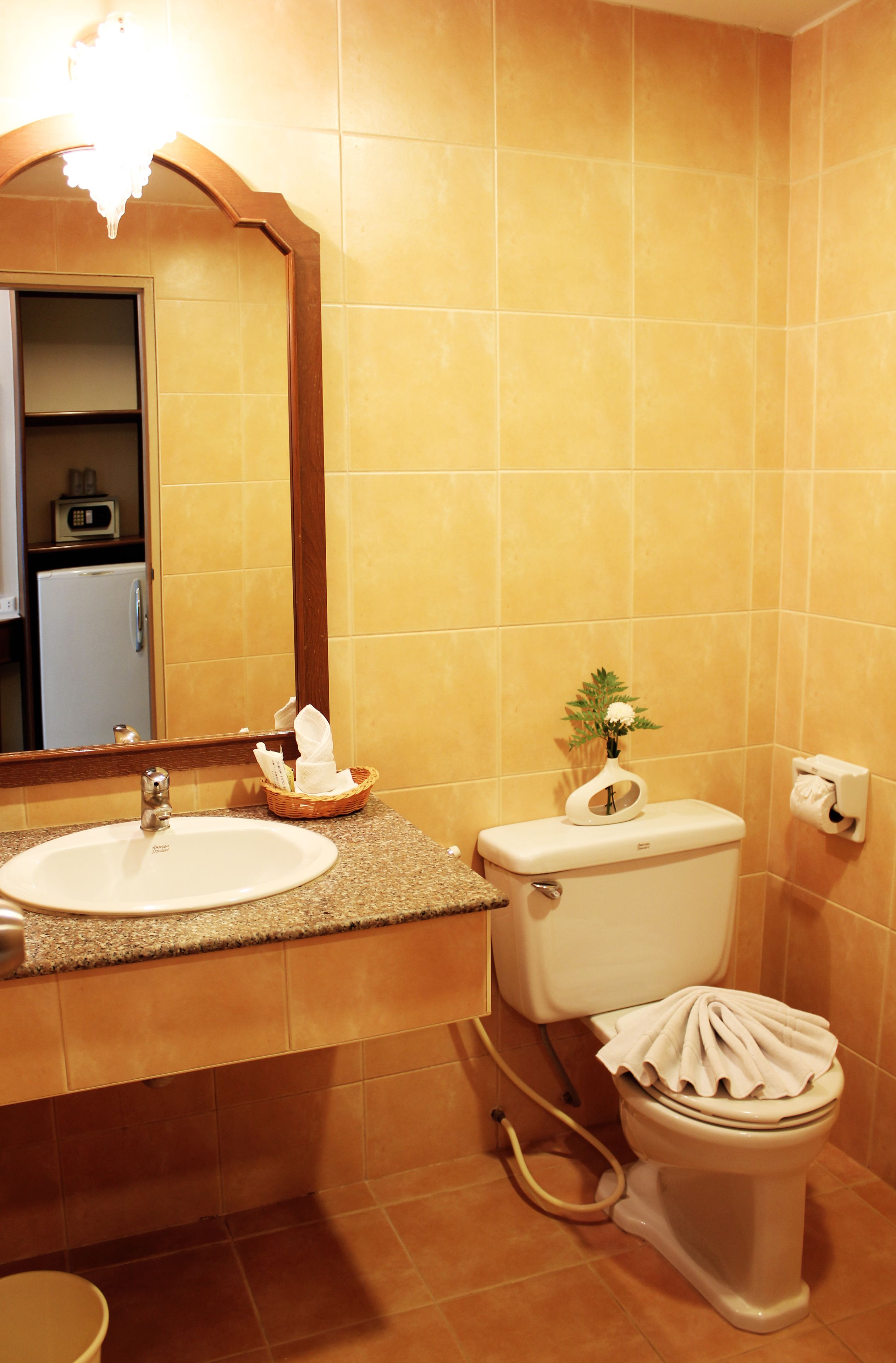 A bathroom with a sink, toilet, and a mirror.