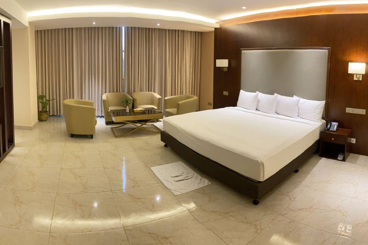 A hotel room with a large bed, a desk, two armchairs, a potted plant, and a curtain.