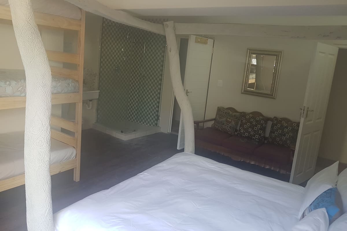 A bedroom with a bed, a wooden ladder, a shower area, and a sofa.