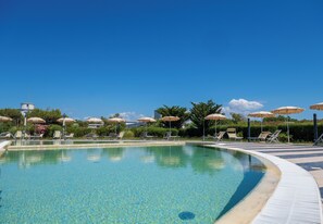 Seasonal outdoor pool, open 10:00 AM to 7:00 PM, pool umbrellas