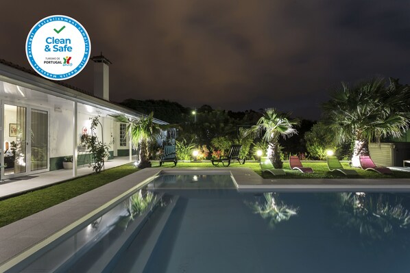 Outdoor pool, pool umbrellas, pool loungers