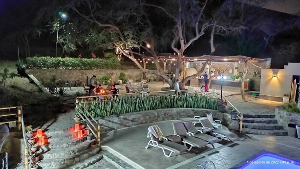 An outdoor seating area with chairs and tables, surrounded by a stone wall and plants.