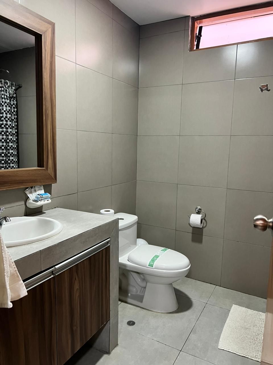 A bathroom with a sink, toilet, and mirror.