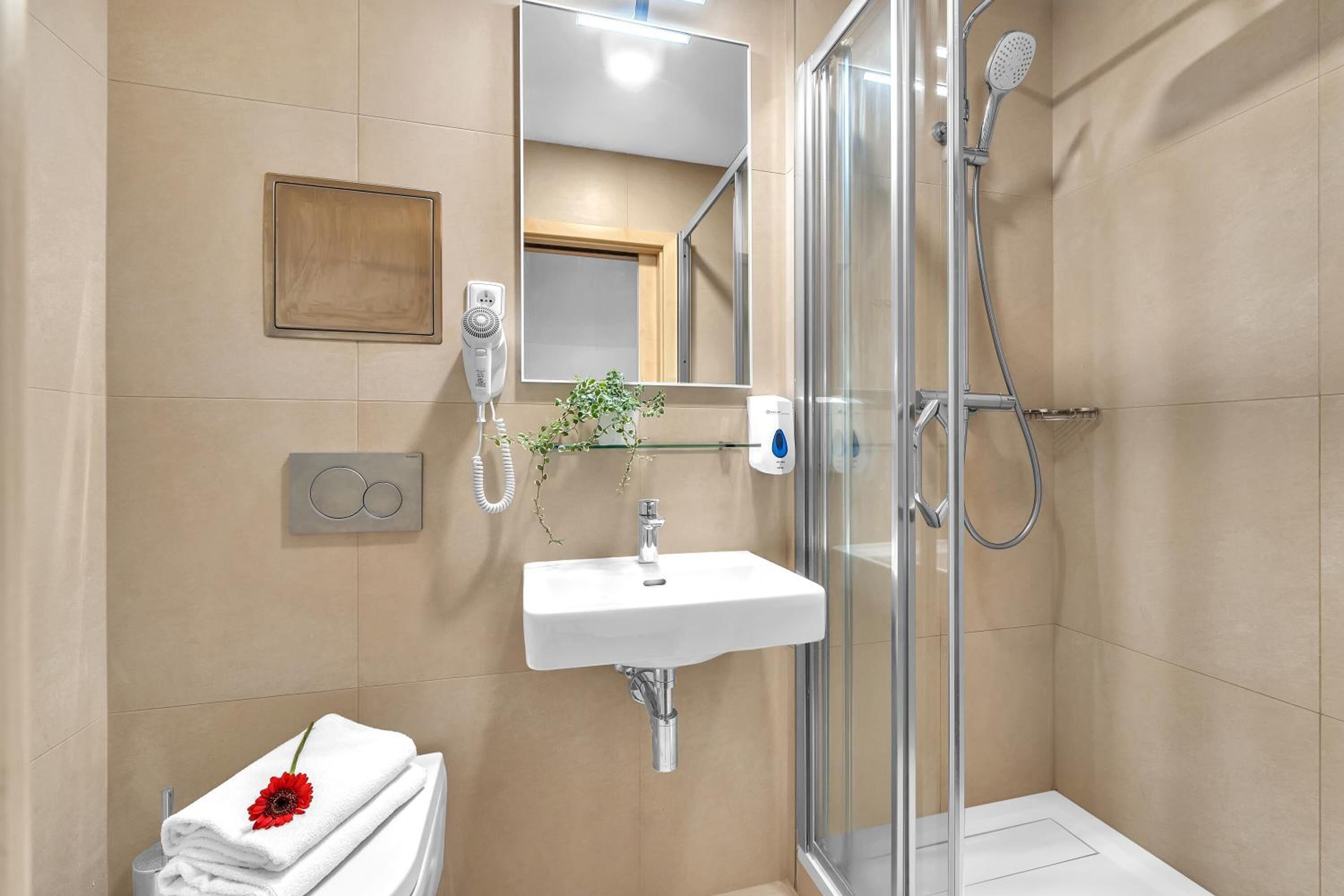 Shower, free toiletries, hair dryer, towels