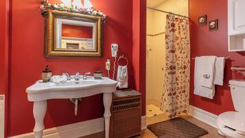 A bathroom with a white sink, a mirror with a gold frame, a shower curtain with a floral pattern, and a white toilet.