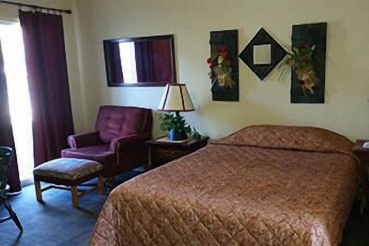 Una habitación con cama, una silla, una mesita de noche con lámpara y una ventana con cortinas.