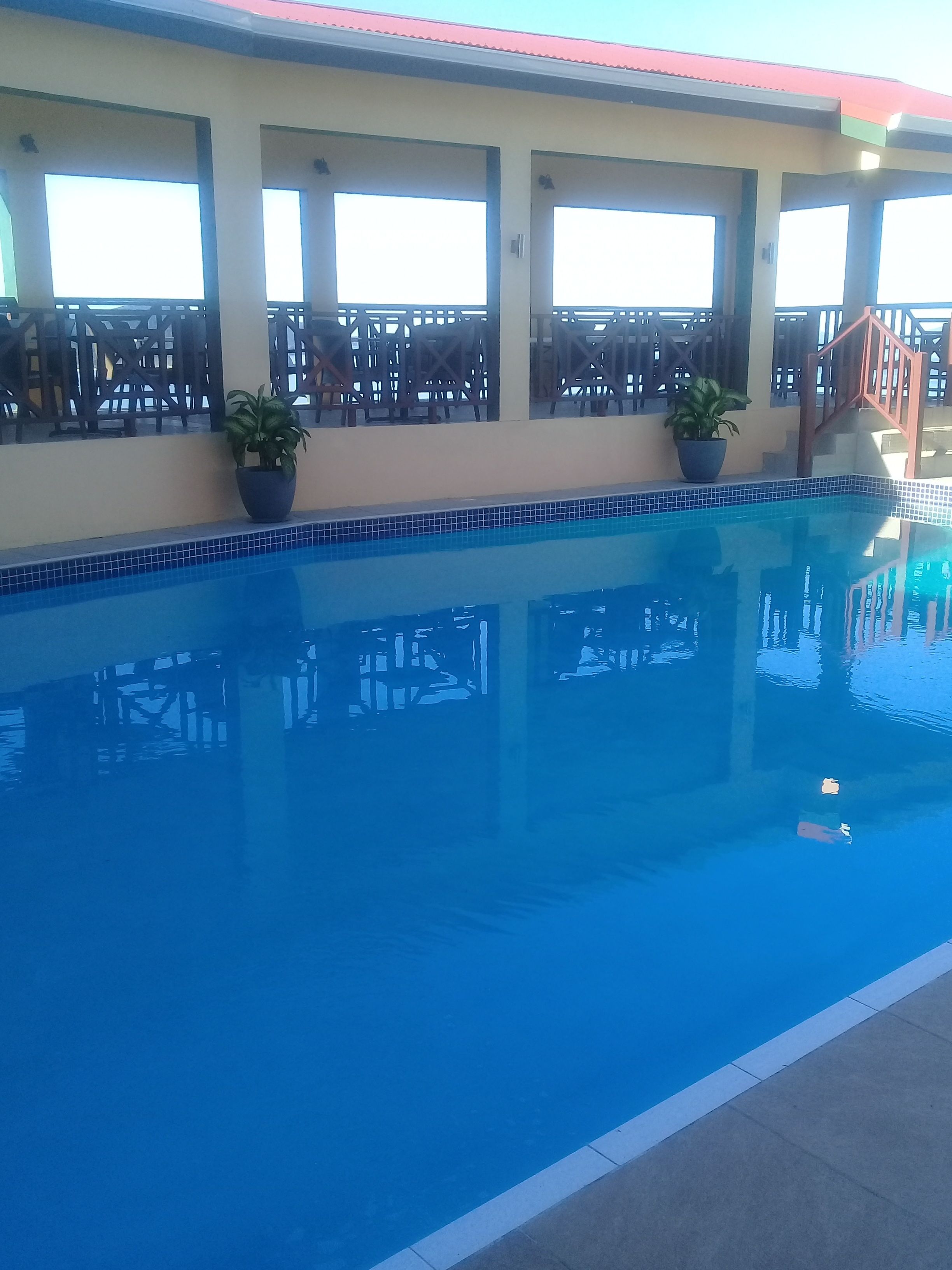 Una piscina con bordes de azulejos, plantas en macetas y una escalera que lleva a un nivel superior.