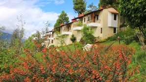 A hillside property with multiple buildings, lush greenery, and red flowering plants. - Altocerro Villas Hotel & Camping (Constanza)