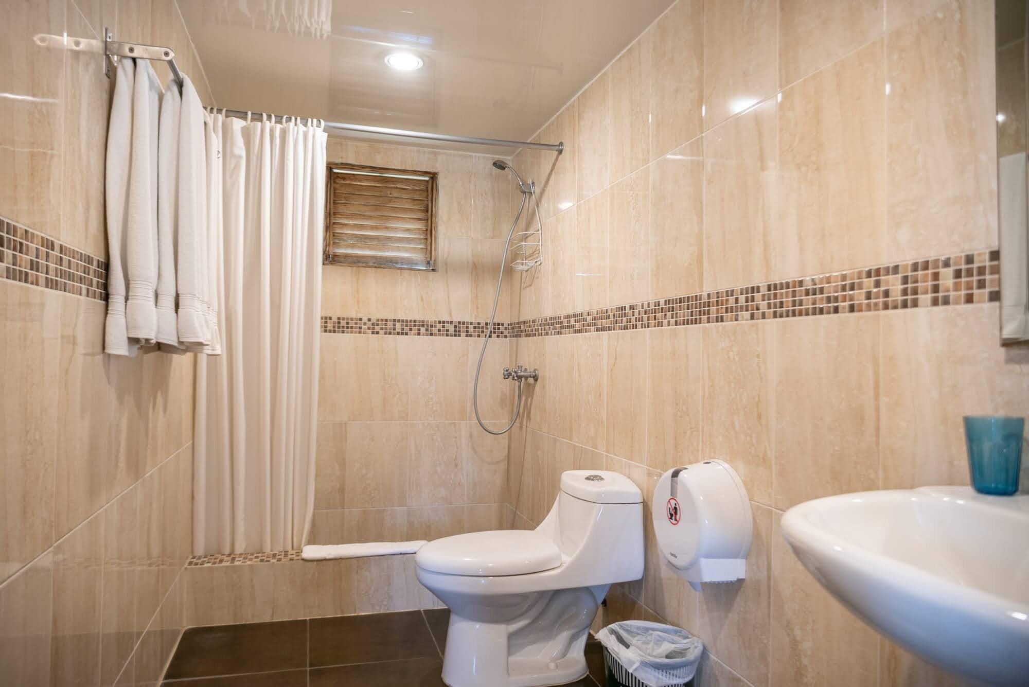 Une salle de bain avec une douche, des toilettes et un lavabo.