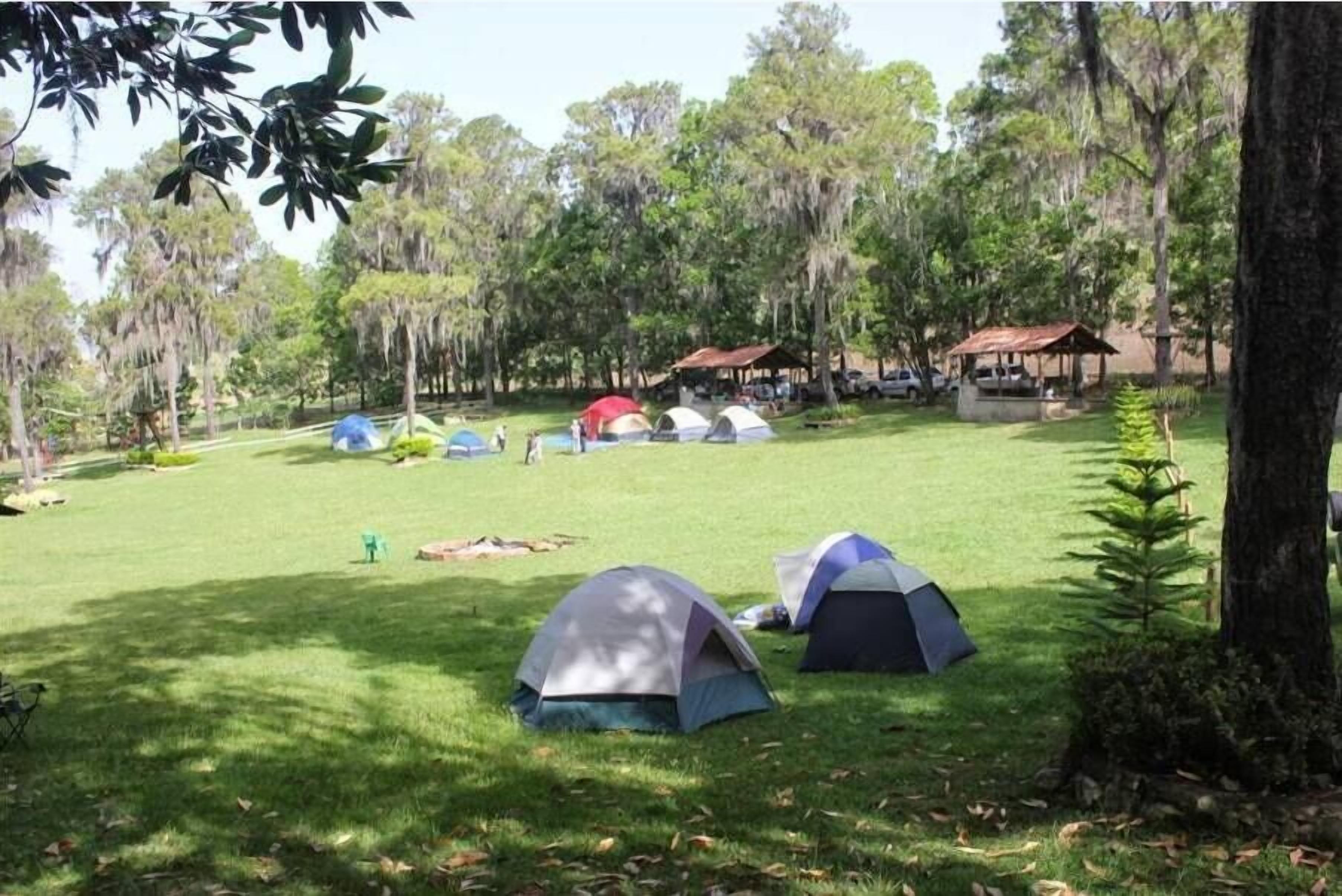 A campsite with multiple tents and a covered area, surrounded by trees.