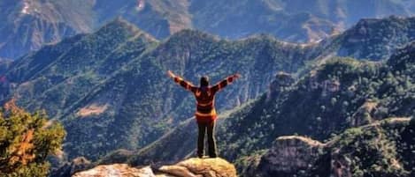 A person standing on a rock with arms outstretched, overlooking a mountainous landscape.